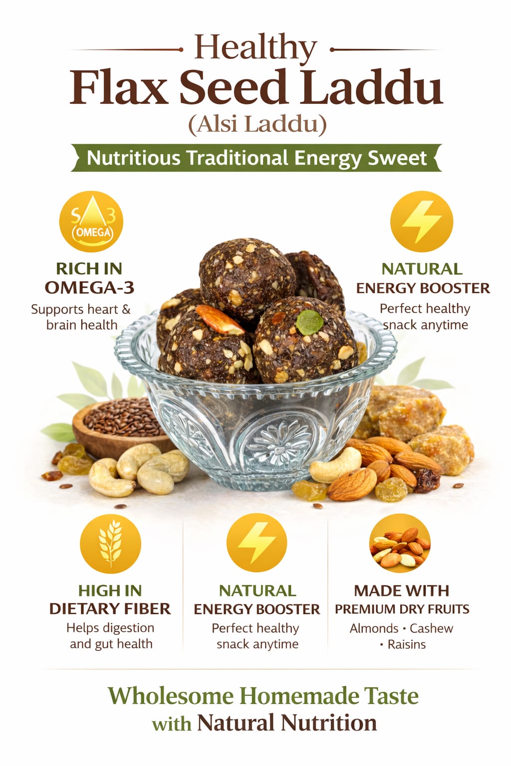 Arogya Bites Flax Seed Ladoo | Jaggery Sweetened Dry Fruit Laddu | Made with Desi Ghee | Healthy Energy Sweet | No Refined Sugar