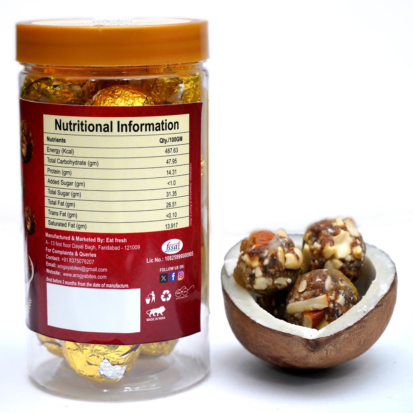 Arogya Bites Dry Fruit Ladoo | Sweetened with Dates | Premium Nuts & Seeds Laddu | Made with Desi Ghee | No Refined Sugar | Healthy Energy Sweet