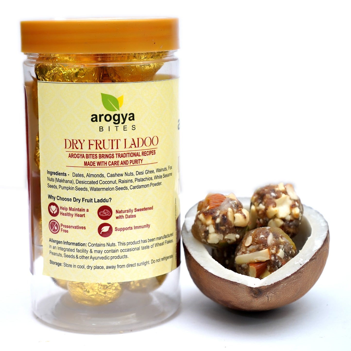 Arogya Bites Dry Fruit Ladoo | Sweetened with Dates | Premium Nuts & Seeds Laddu | Made with Desi Ghee | No Refined Sugar | Healthy Energy Sweet
