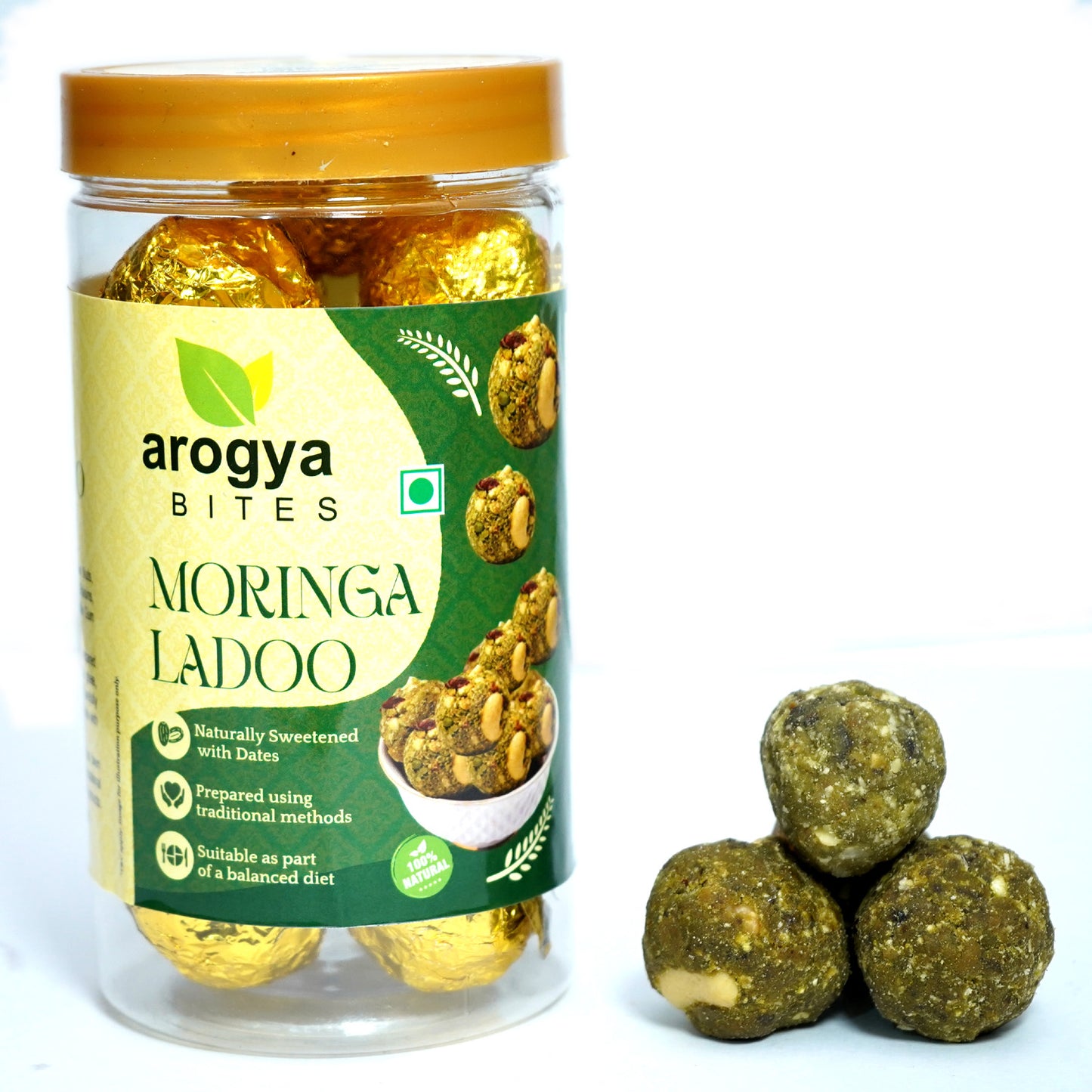 Arogya Bites Moringa Ladoo | Healthy Laddu with Dry Fruits | Date Sweetened | Made with Pure Desi Ghee | Natural Superfood Sweet