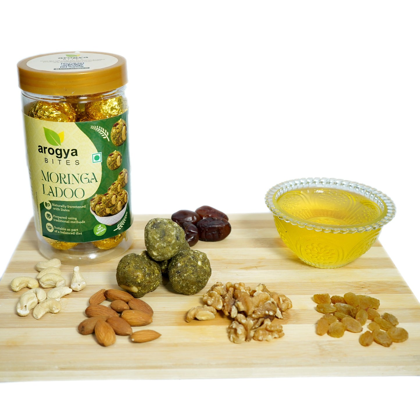 Arogya Bites Moringa Ladoo | Healthy Laddu with Dry Fruits | Date Sweetened | Made with Pure Desi Ghee | Natural Superfood Sweet