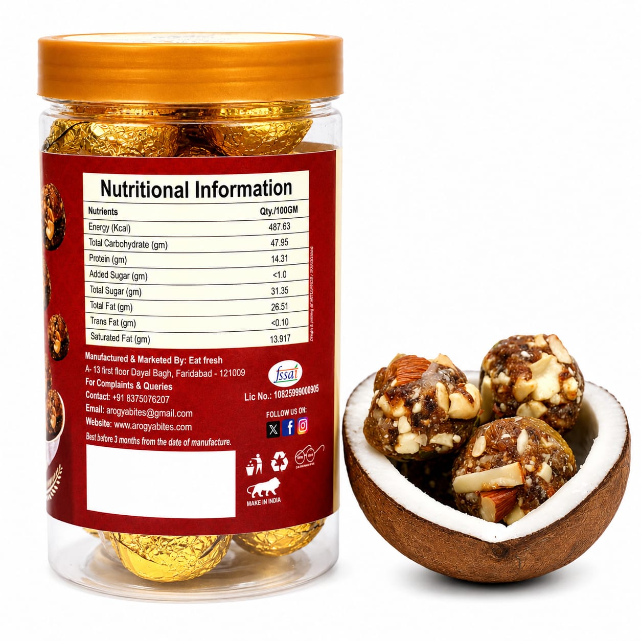 Arogya Bites Dry Fruit Ladoo | Sweetened with Dates | Premium Nuts & Seeds Laddu | Made with Desi Ghee | No Refined Sugar | Healthy Energy Sweet