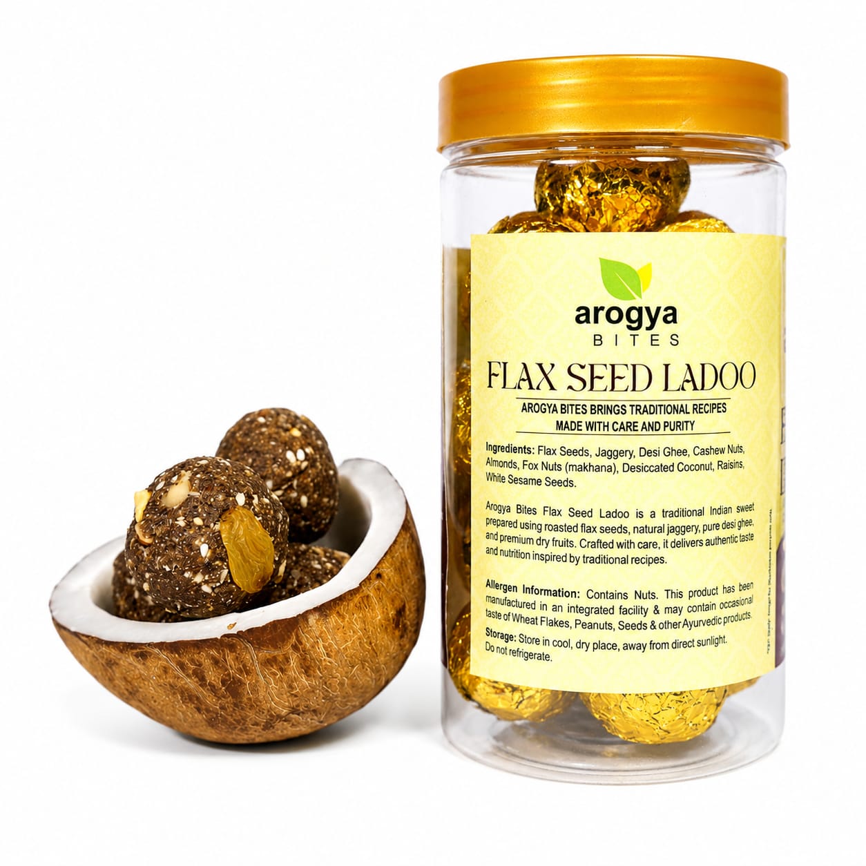 Arogya Bites Flax Seed Ladoo | Jaggery Sweetened Dry Fruit Laddu | Made with Desi Ghee | Healthy Energy Sweet | No Refined Sugar