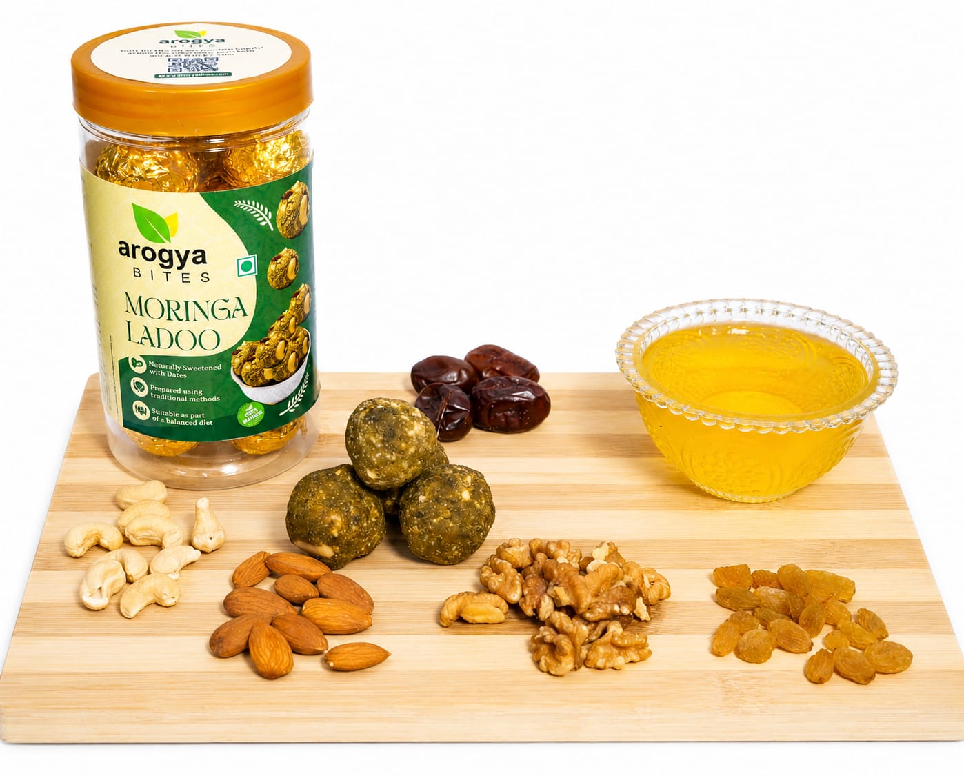 Arogya Bites Moringa Ladoo | Healthy Laddu with Dry Fruits | Date Sweetened | Made with Pure Desi Ghee | Natural Superfood Sweet