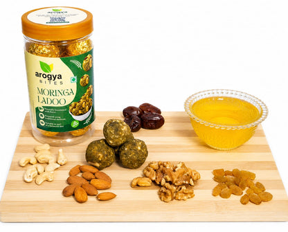 Arogya Bites Moringa Ladoo | Healthy Laddu with Dry Fruits | Date Sweetened | Made with Pure Desi Ghee | Natural Superfood Sweet