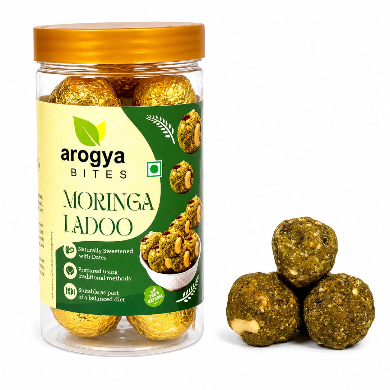 Arogya Bites Moringa Ladoo | Healthy Laddu with Dry Fruits | Date Sweetened | Made with Pure Desi Ghee | Natural Superfood Sweet