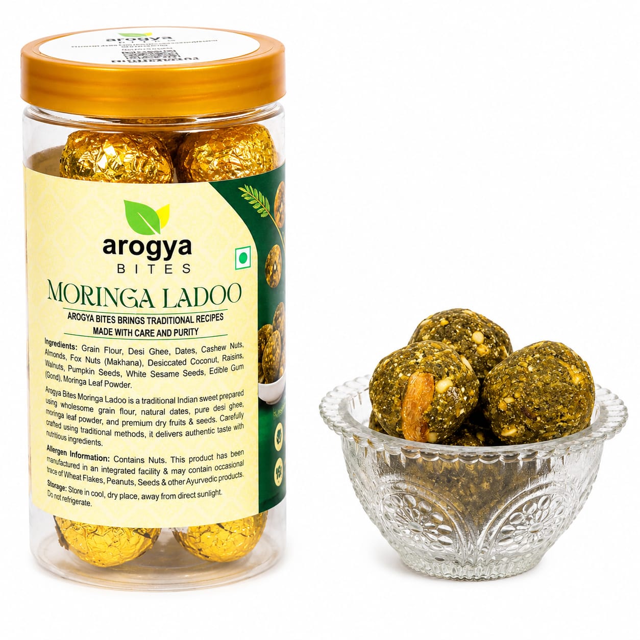 Arogya Bites Moringa Ladoo | Healthy Laddu with Dry Fruits | Date Sweetened | Made with Pure Desi Ghee | Natural Superfood Sweet